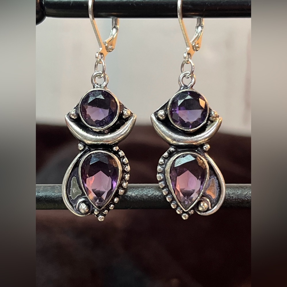 Sterling Silver Amethyst Drop Earrings - Purple Teardrop Dangle - Picture 2 of 8